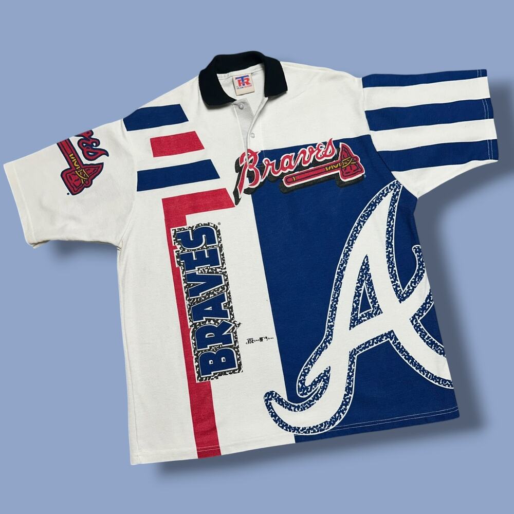 Vintage 90s Atlanta Braves MLB 1995 AOP Polo Shirt Baseball World Series Sz XL